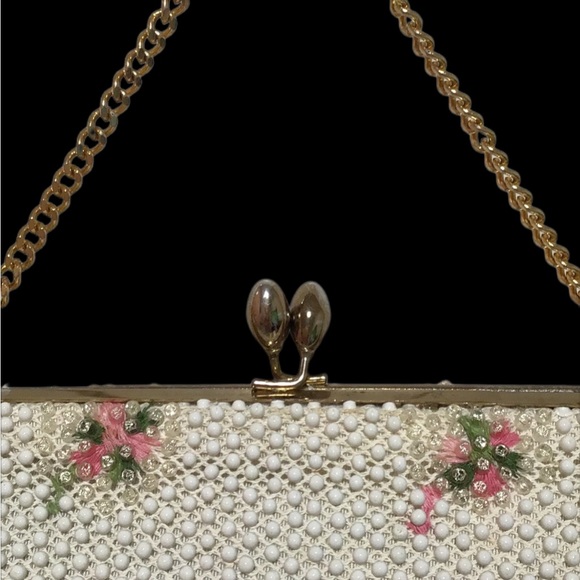 Vintage Frame Beaded Evening Bag, Ivory, Clear, Pink, Green Beading, Kiss Clasp - Picture 2 of 11